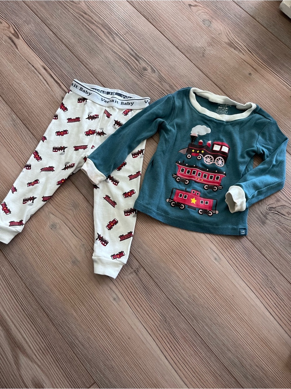 Toddler Train Two-Piece Pajama Set - Teal Top with White Train Pants